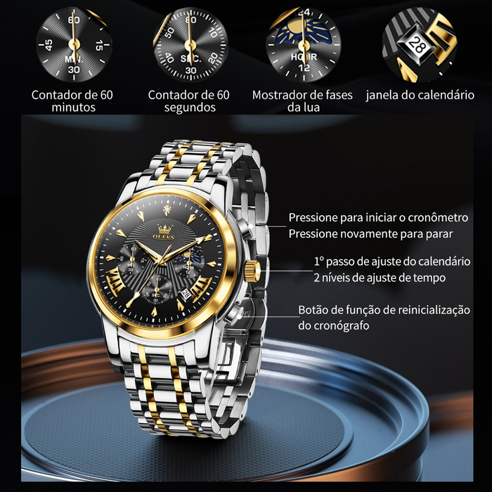 OLEVS Relógio Masculino Multifuncional A Prova D'água Azul & Preto Luminoso De Aço Inoxidável 2892