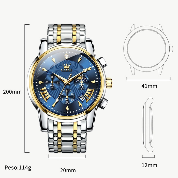 OLEVS Relógio Masculino Multifuncional A Prova D'água Azul & Preto Luminoso De Aço Inoxidável 2892