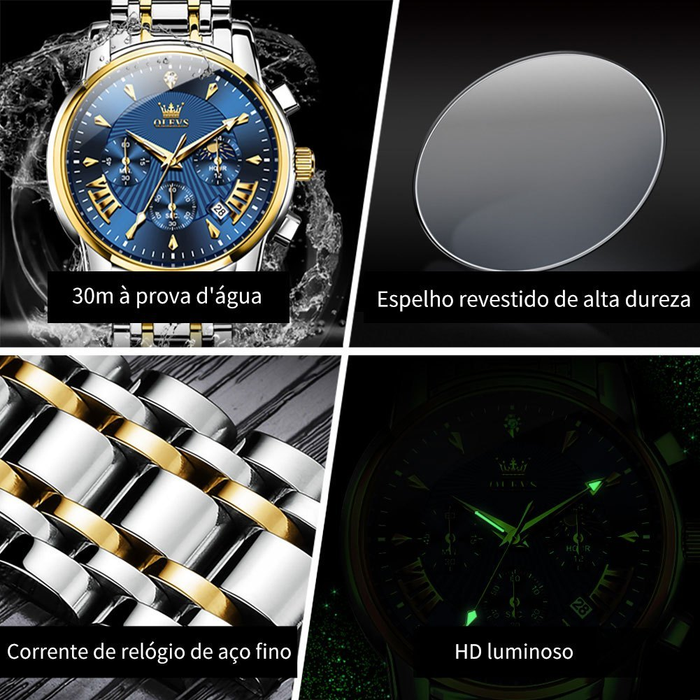 OLEVS Relógio Masculino Multifuncional A Prova D'água Azul & Preto Luminoso De Aço Inoxidável 2892