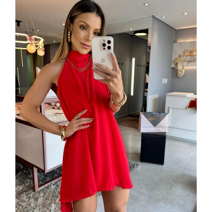 Vestido Feminino Soltinho Rodado Frente Única Gola Alta Elegante Leve Verão 2025 Confortável