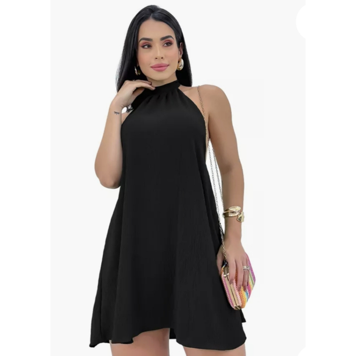 Vestido Feminino Soltinho Rodado Frente Única Gola Alta Elegante Leve Verão 2025 Confortável