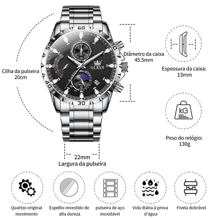 OLEVS Relógio Masculino Relogio A Prova D'água Luxo Original De Aço Inoxidável Multifuncional Luminoso 2953