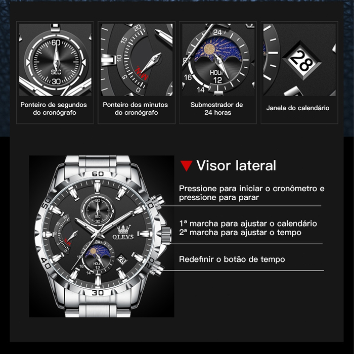 OLEVS Relógio Masculino Relogio A Prova D'água Luxo Original De Aço Inoxidável Multifuncional Luminoso 2953