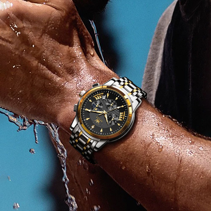 OLEVS Relógio Masculino Multifuncional A Prova D'água Azul & Preto Luminoso De Aço Inoxidável 2892