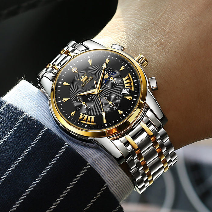 OLEVS Relógio Masculino Multifuncional A Prova D'água Azul & Preto Luminoso De Aço Inoxidável 2892