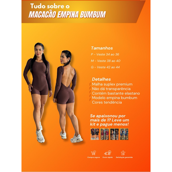 MACAQUINHO ACADEMIA FITNESS FEMININO MANGA LONGA COSTA ABERTA MACACÃO YOGA ESPORTIVO GINÁSTICA SEM TRANSPARÊNCIA