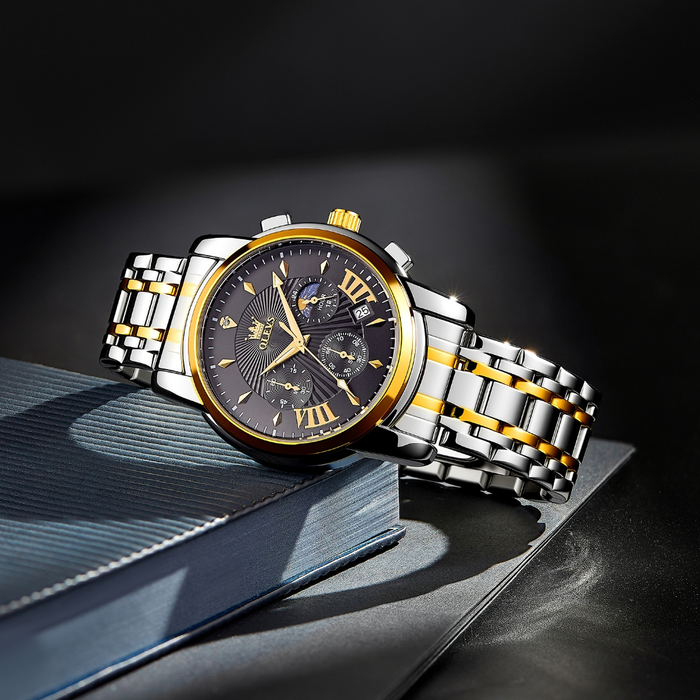 OLEVS Relógio Masculino Multifuncional A Prova D'água Azul & Preto Luminoso De Aço Inoxidável 2892