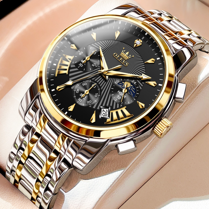 OLEVS Relógio Masculino Multifuncional A Prova D'água Azul & Preto Luminoso De Aço Inoxidável 2892