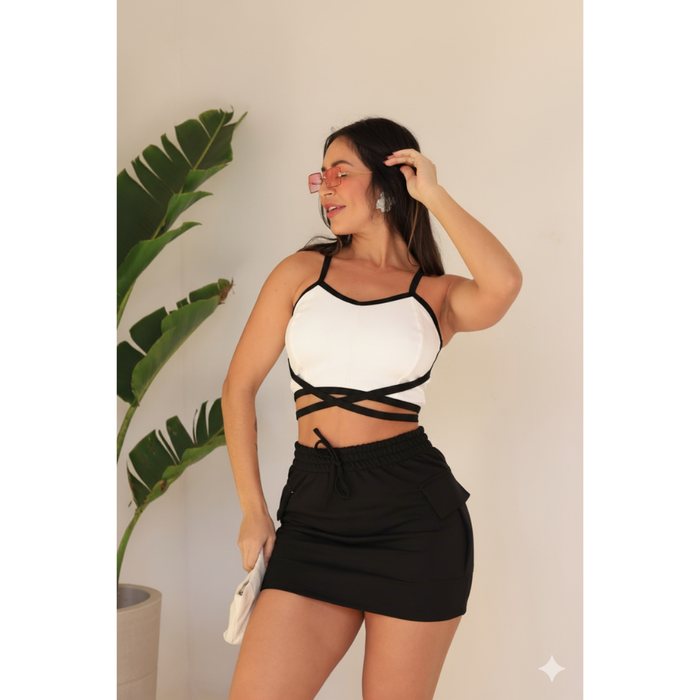 Conjunto Moletinho Feminino Cropped Com Bojo Alça Fina + Saia Moletinho Com Bolso Cargo e Elastico Na Cintura