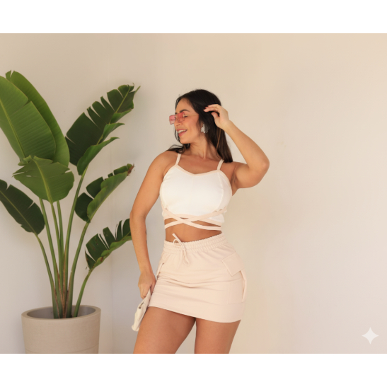Conjunto Moletinho Feminino Cropped Com Bojo Alça Fina + Saia Moletinho Com Bolso Cargo e Elastico Na Cintura
