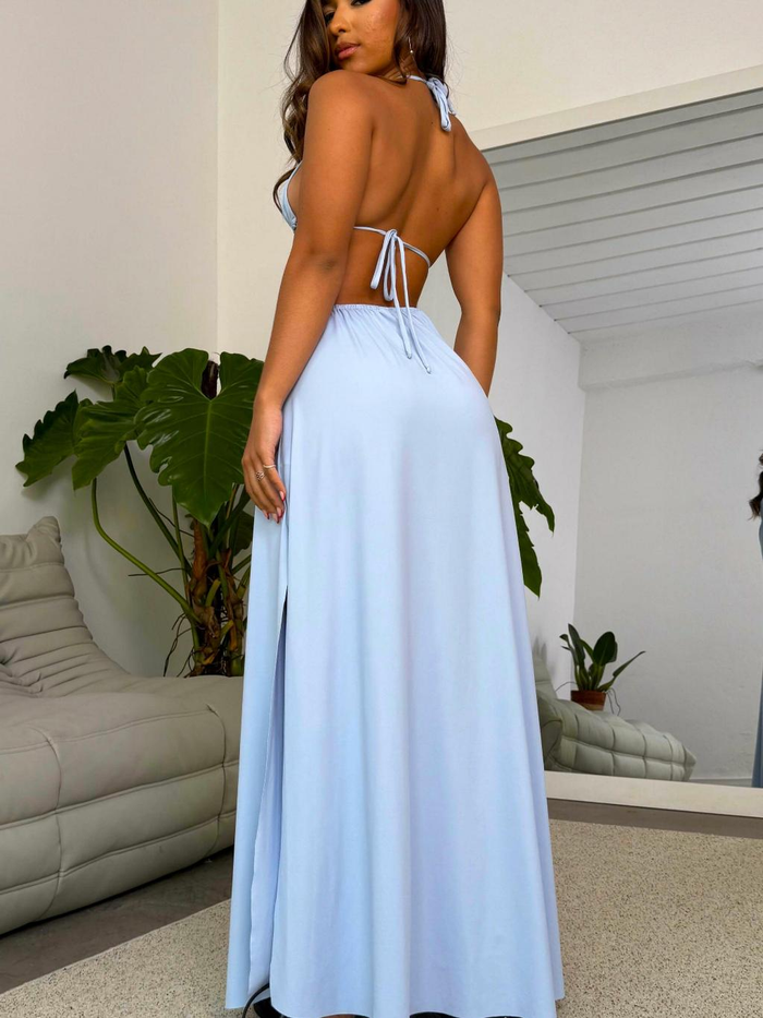 Vestido Longo Amarelo com Fenda Look Verão, Praia e Férias 2025