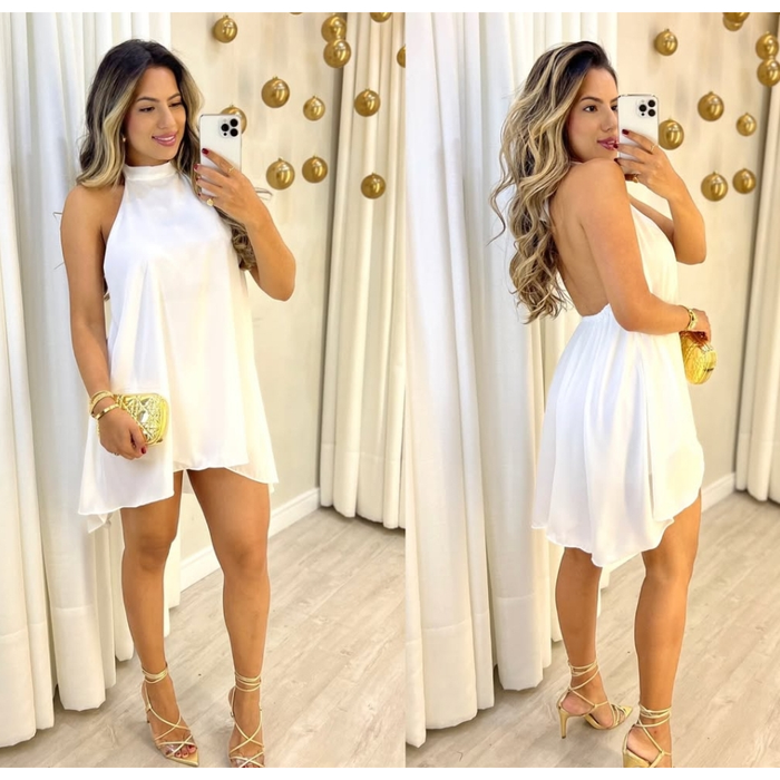 Vestido Feminino Curto Frente Única Costa Nua Soltinho Elegante Festa Verão 2025 Tendência