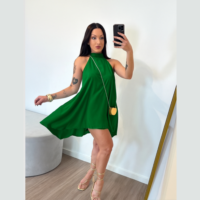 Vestido Feminino Curto Frente Única Costa Nua Soltinho Elegante Festa Verão 2025 Tendência