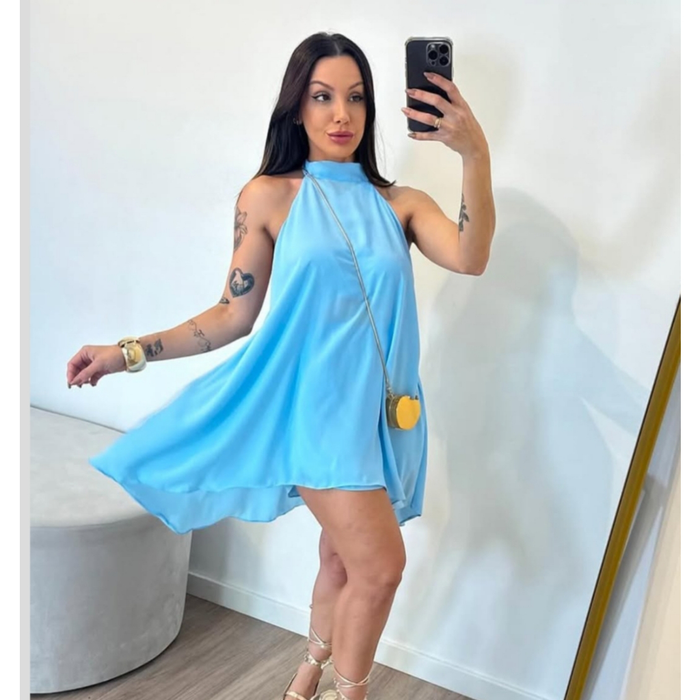 Vestido Feminino Curto Frente Única Costa Nua Soltinho Elegante Festa Verão 2025 Tendência