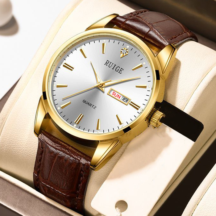 Relógio Masculino De Quartzo RUIGE : Design Suíço , Pulseira De Couro , Recursos À Prova D'água E Luminosos