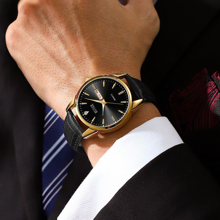 Relógio Masculino De Quartzo RUIGE : Design Suíço , Pulseira De Couro , Recursos À Prova D'água E Luminosos